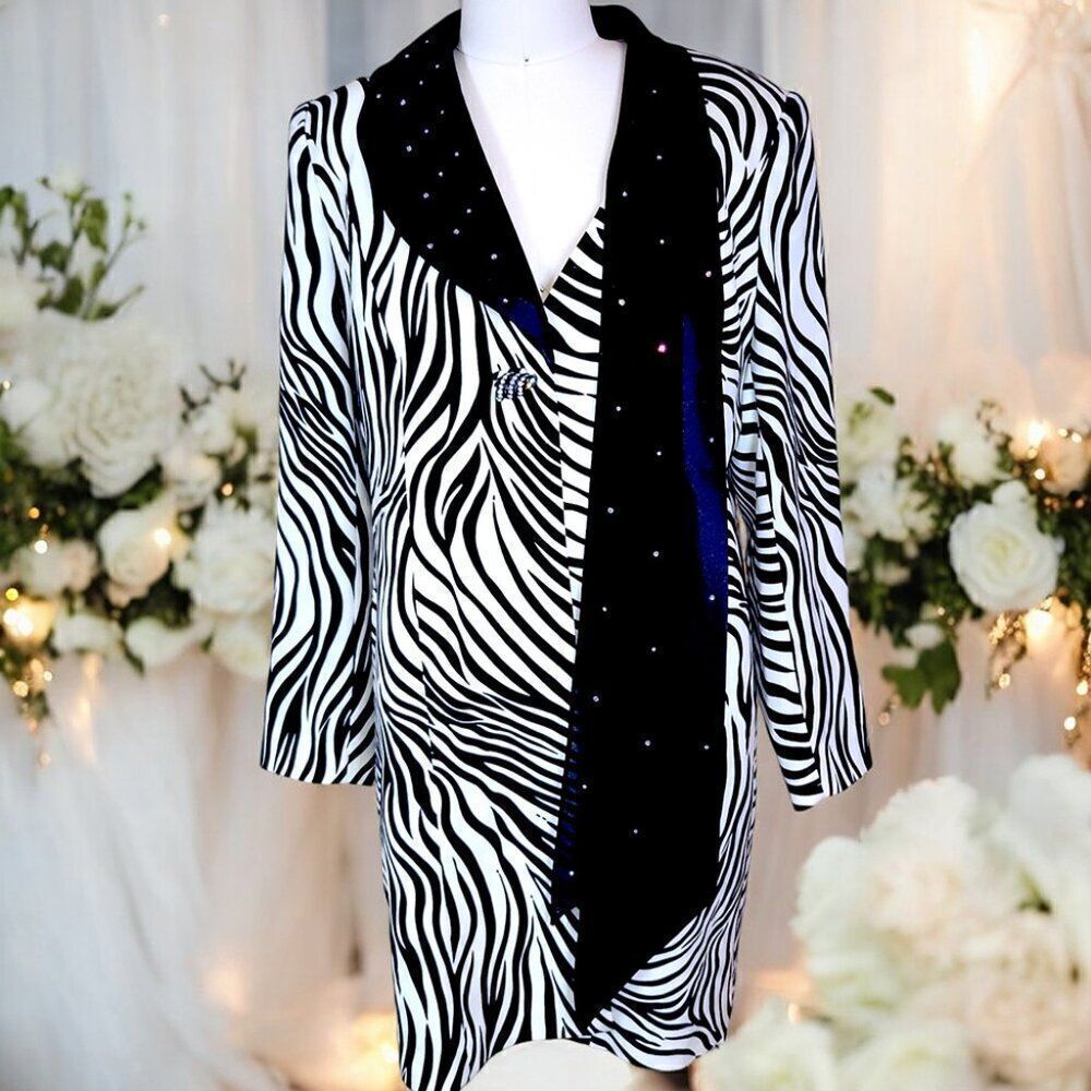 Dressy Zebra print black scarf rhinestones long jacket